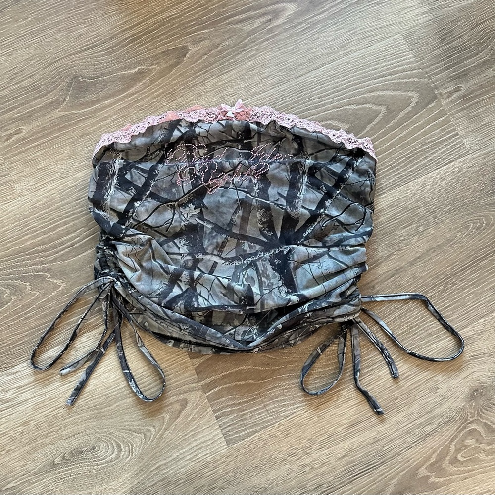 Camo Tube Top with Pink Lace Trim